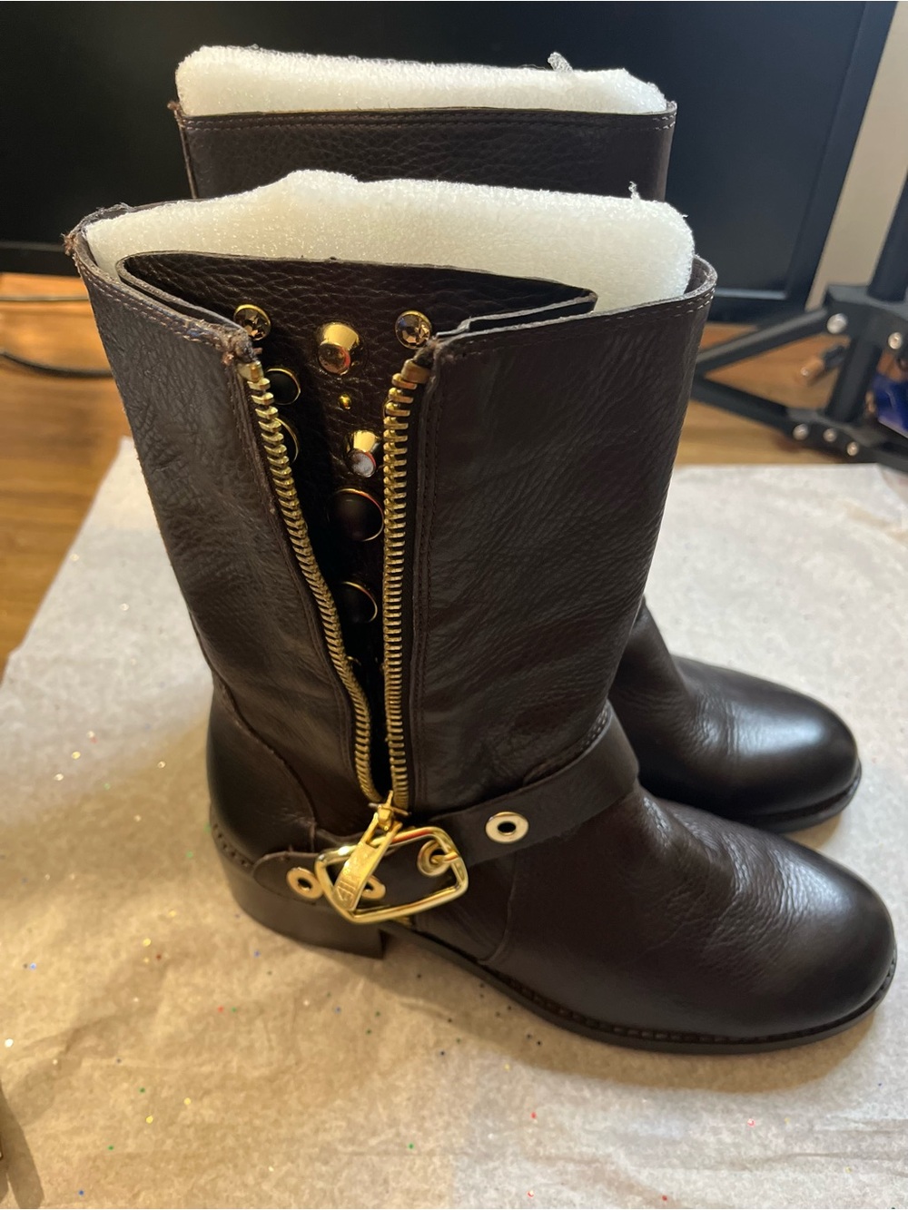 VINCE CAMUTO Dark Brown Leather Mid-Calf Boots with Gold Hardware